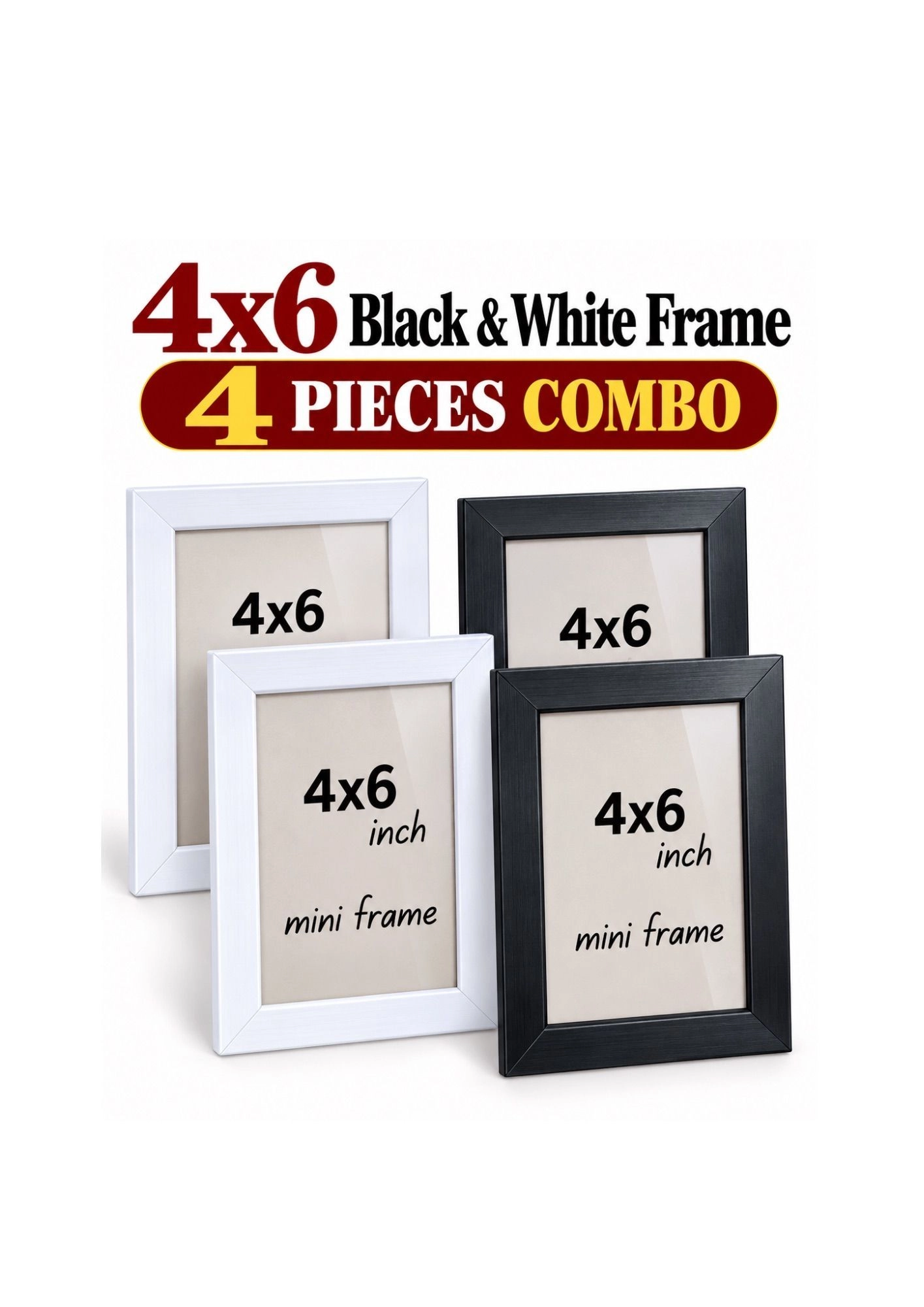 Black and White Wooden Acrylic Photo Frames 4 × 6 Inches – Set of 4