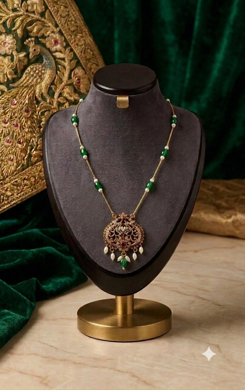 Non-idol Emerald Bead & CZ Filigree Pendant Necklace