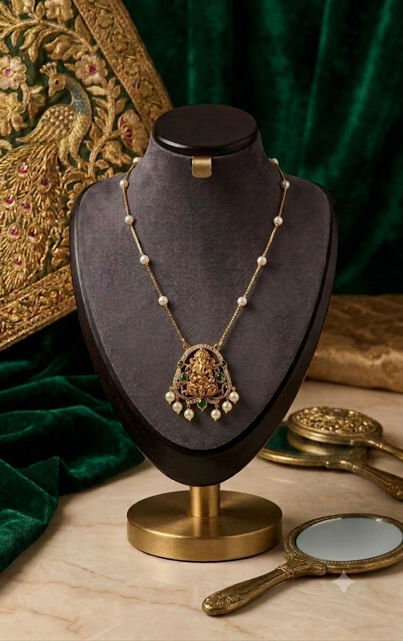 Lakshmi Devi CZ & Pearl Pendant Necklace