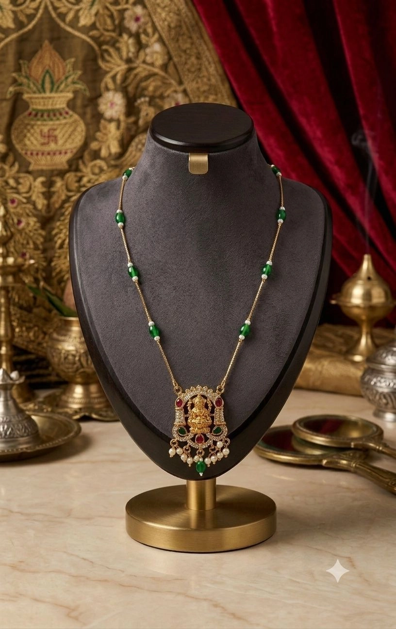 Lakshmi Emerald Bead & CZ Pendant Necklace