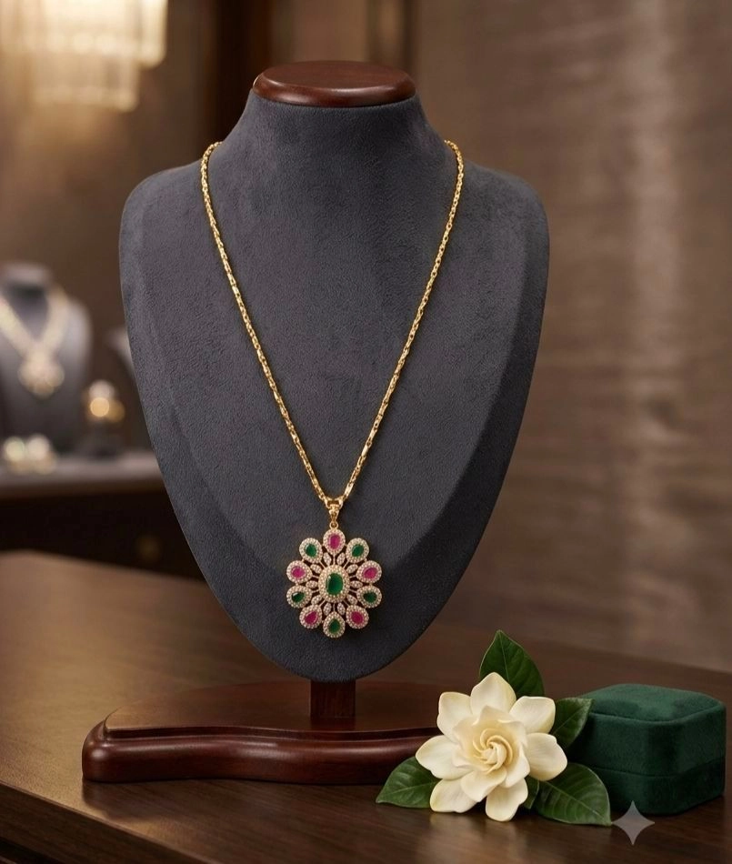 Gold Floral Pendant Necklace with Multi-Colored Stones