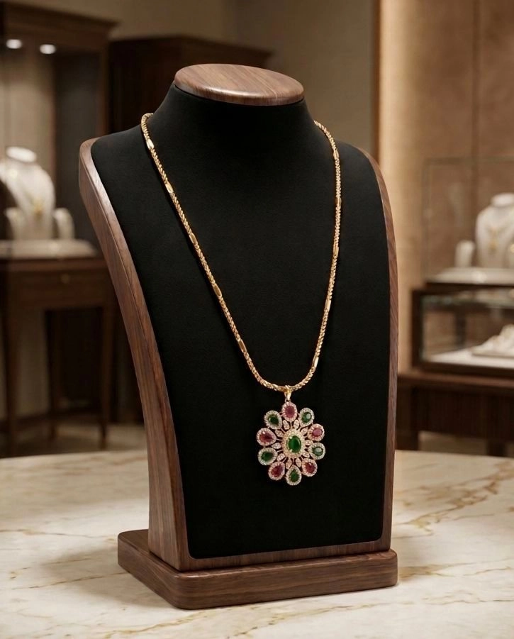 Gold Floral Pendant Necklace with Multi-Colored Stones
