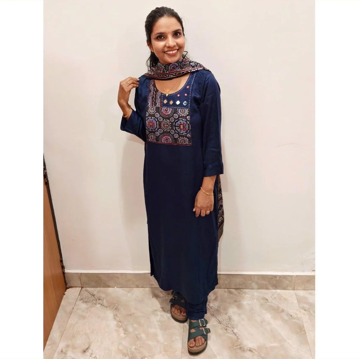 Navy queen: Modal silk 3 piece set with ajrakh print ( DT004)