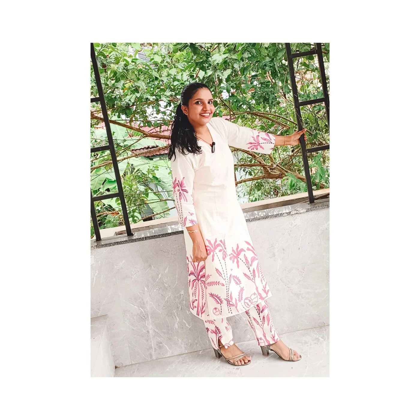 Leaf-blush: Khadi cotton slitted co-ord set (DT031)