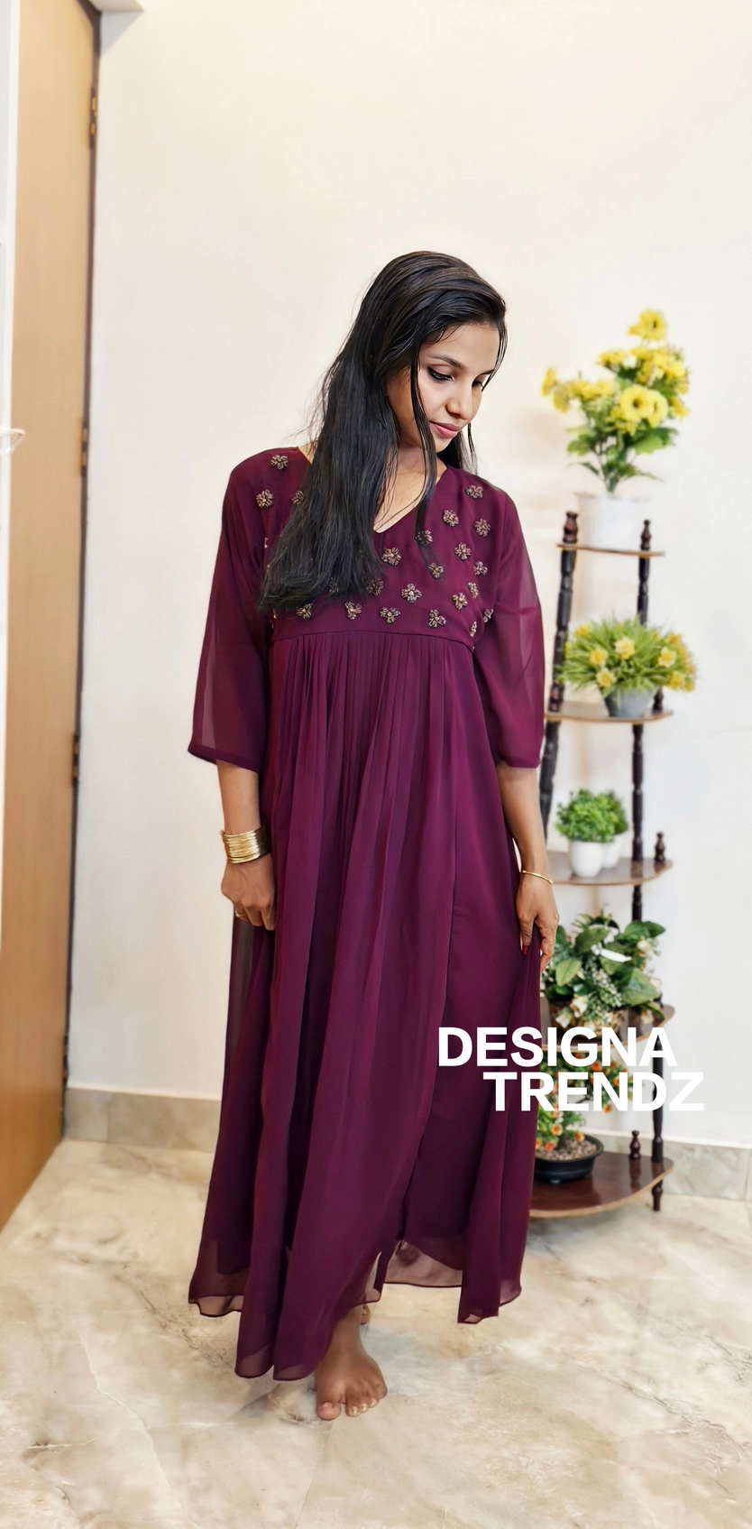 Wine-blush: Georgette Pleated Aline kurti (DT037)