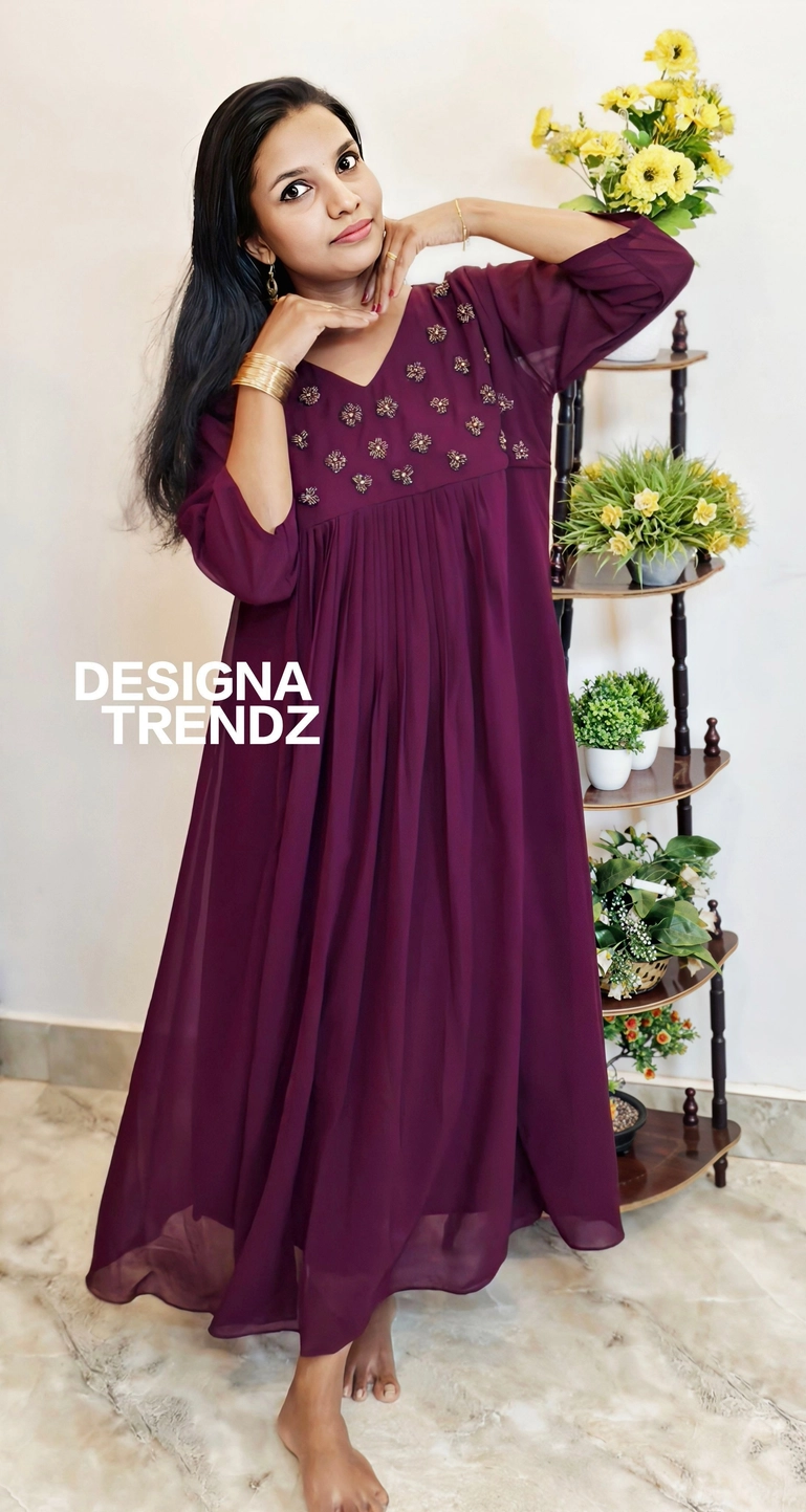 Wine-blush: Georgette Pleated Aline kurti (DT037)