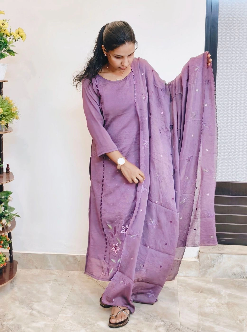 Lavender blush: Crused silk 3 piece set with lining (DT040)