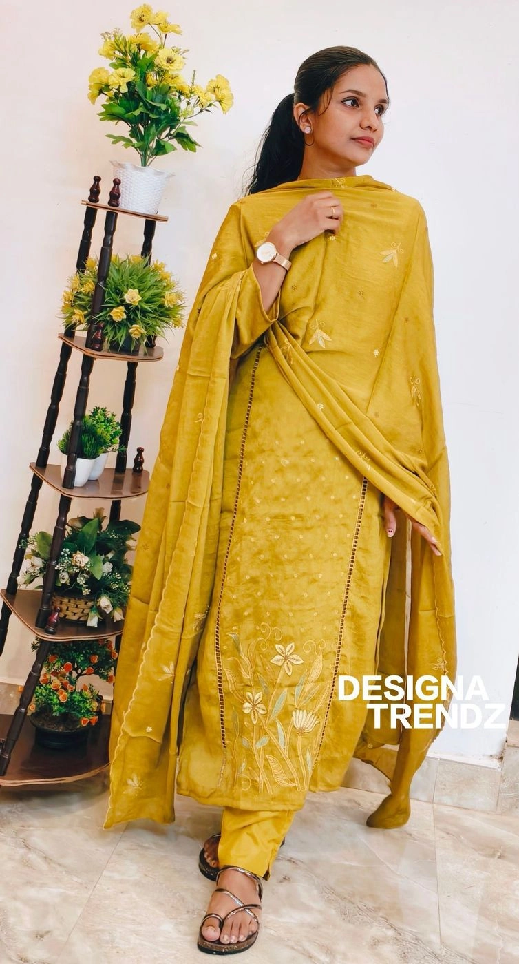 Golden blush: Crushed silk 3 piece set with lining (DT039) 3