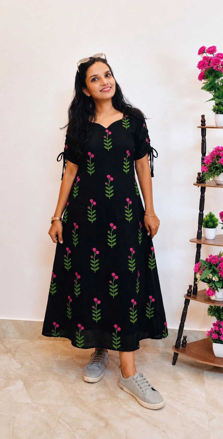 Pink-Blossom: Pure cotton Aline dress (DT053)