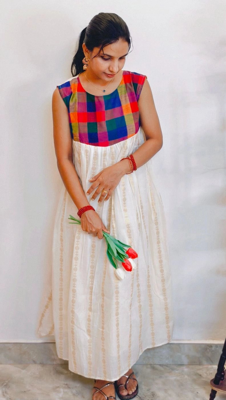 Thechi🌸🍃: Madras Check Tissue pleated Aline Dress(DT057) 2
