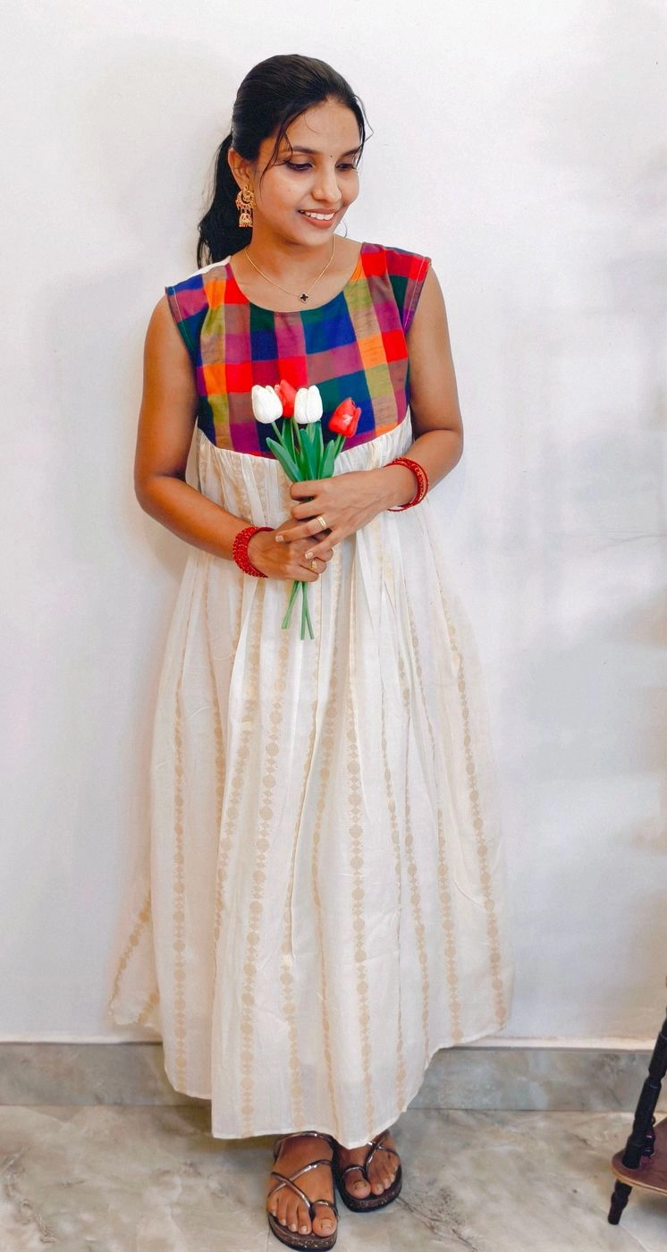 Thechi🌸🍃: Madras Check Tissue pleated Aline Dress(DT057) 3