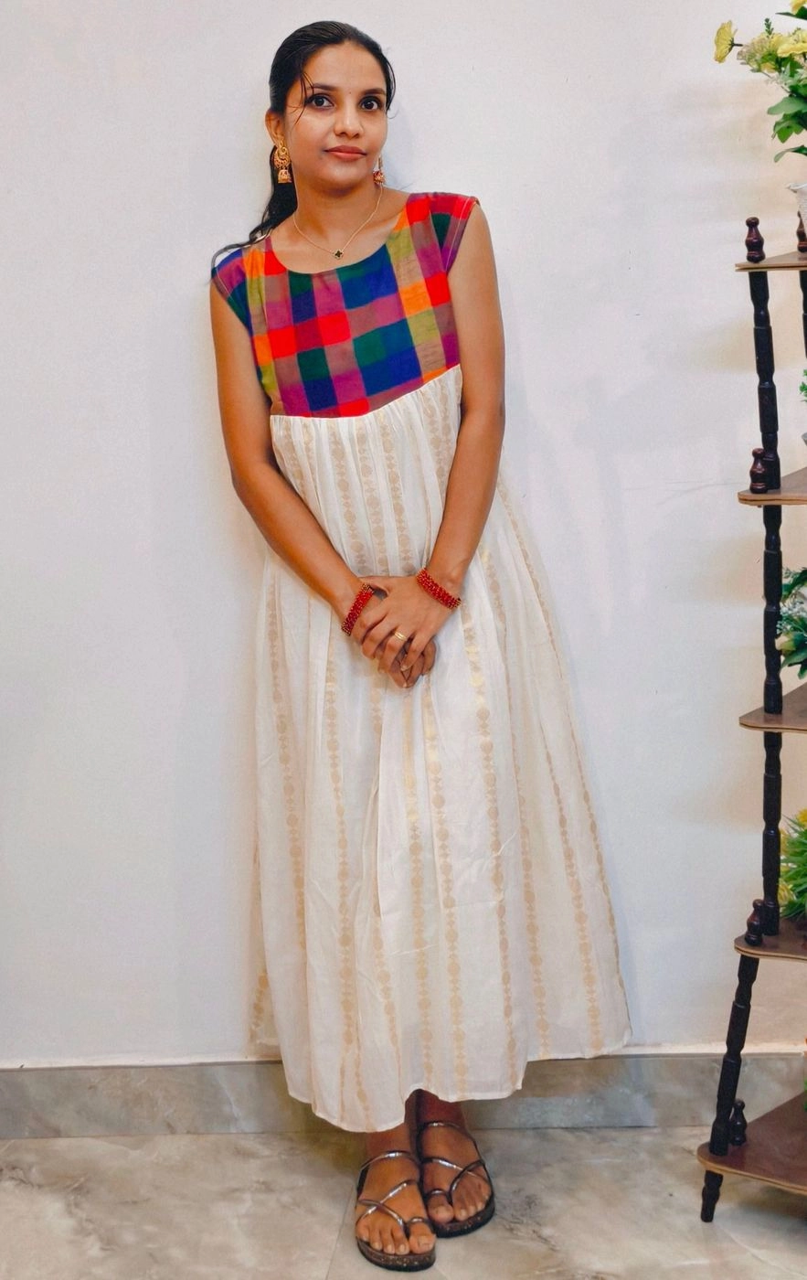 Thechi🌸🍃: Madras Check Tissue pleated Aline Dress(DT057) 5
