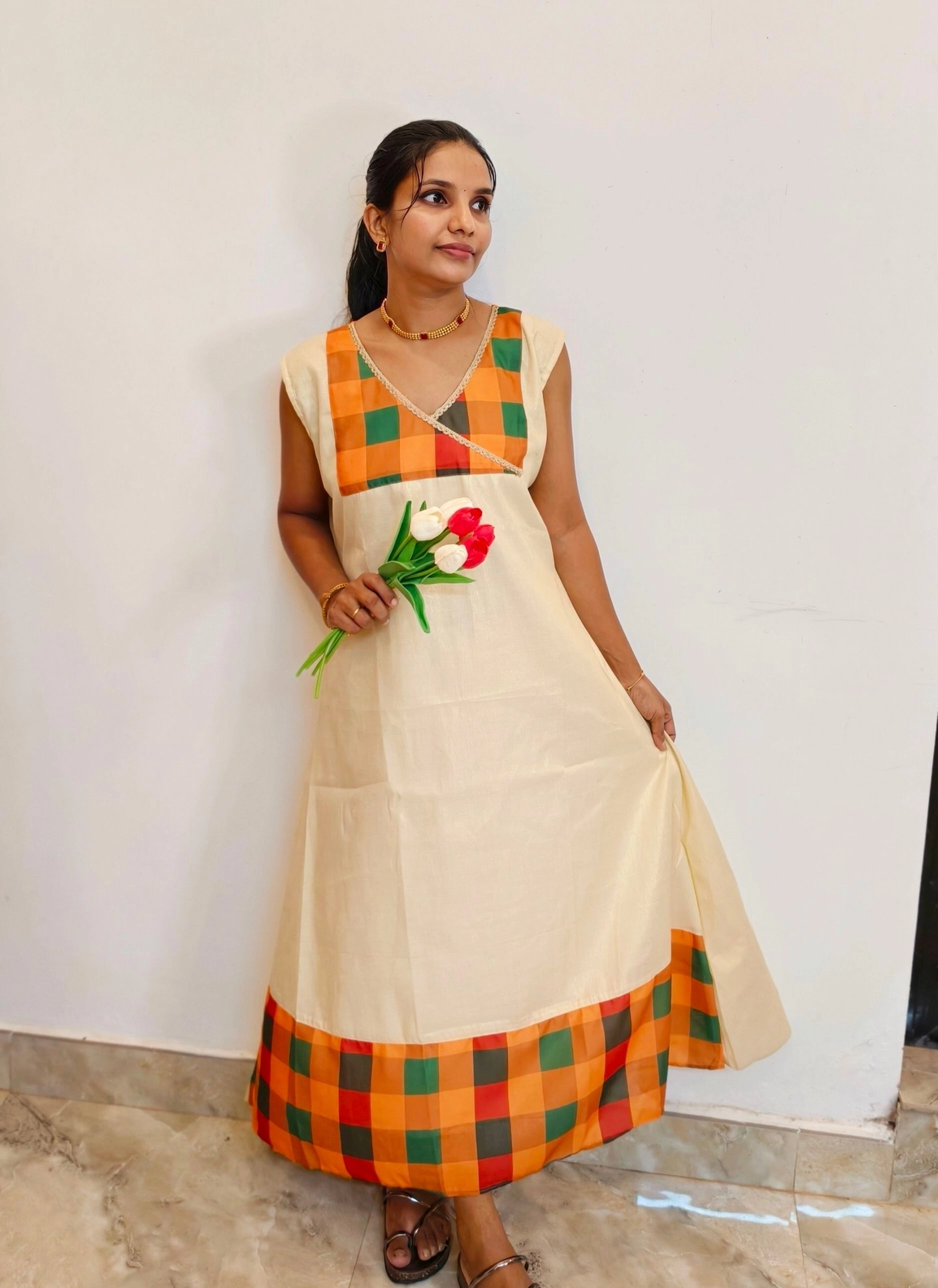 Chendu-Malli🌼: Tissue Aline Dress with Madras check (DT064) 2