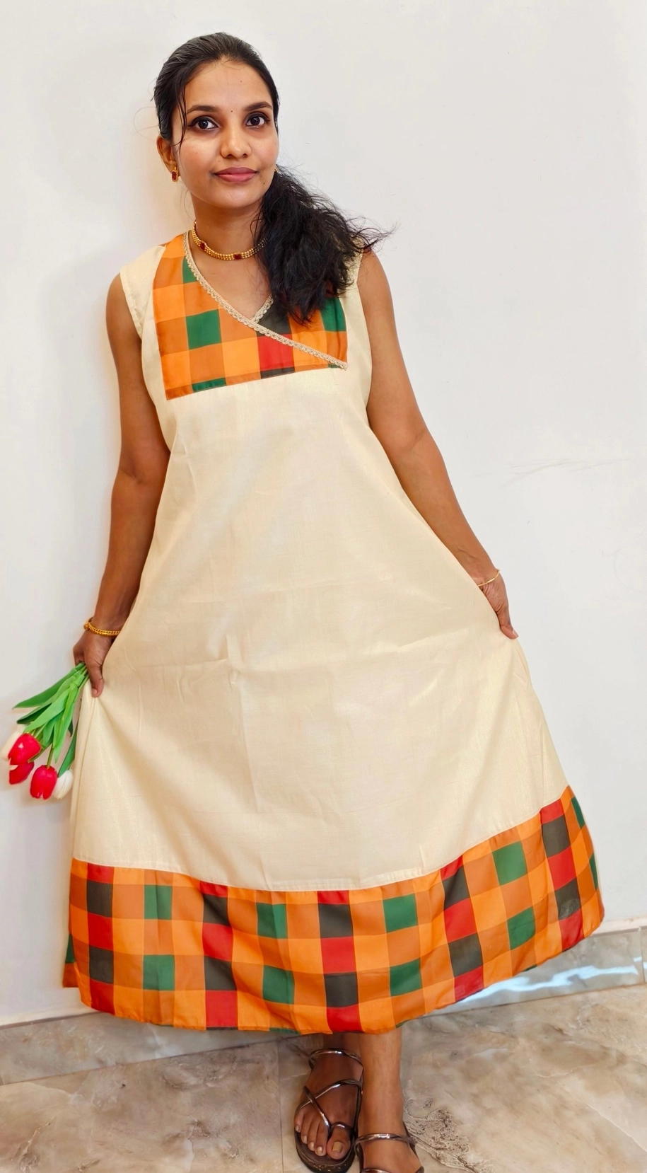 Chendu-Malli🌼: Tissue Aline Dress with Madras check (DT064) 4