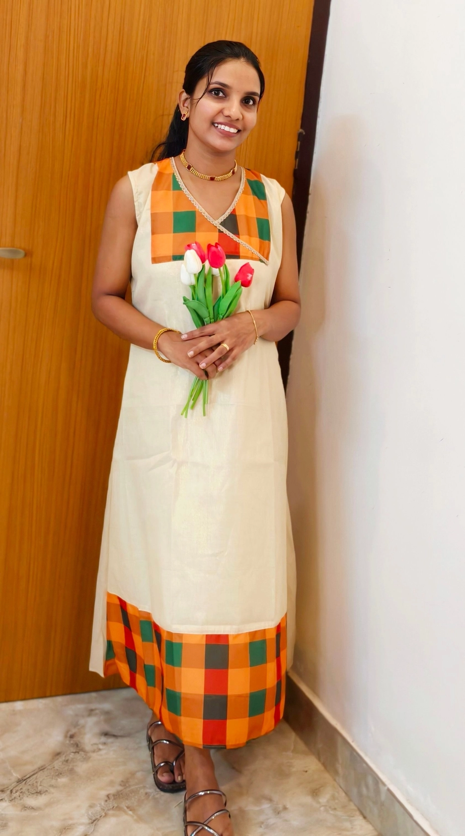 Chendu-Malli🌼: Tissue Aline Dress with Madras check (DT064) 5