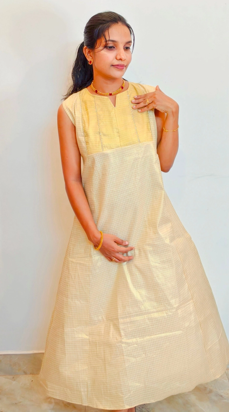 Onam-Blush: Tissue check Aline dress (DT063) 2