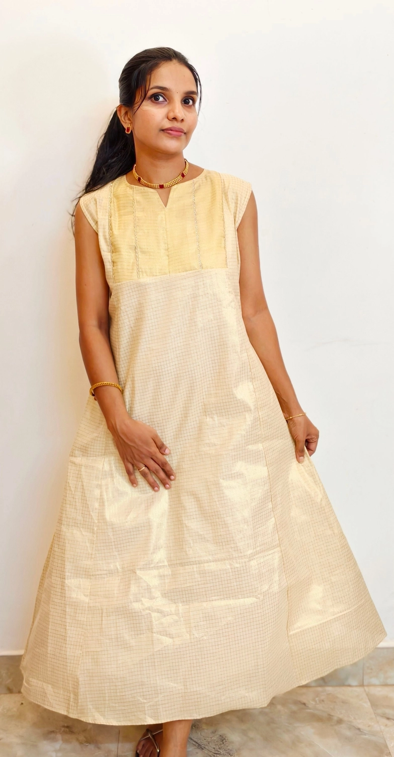 Onam-Blush: Tissue check Aline dress (DT063) 3