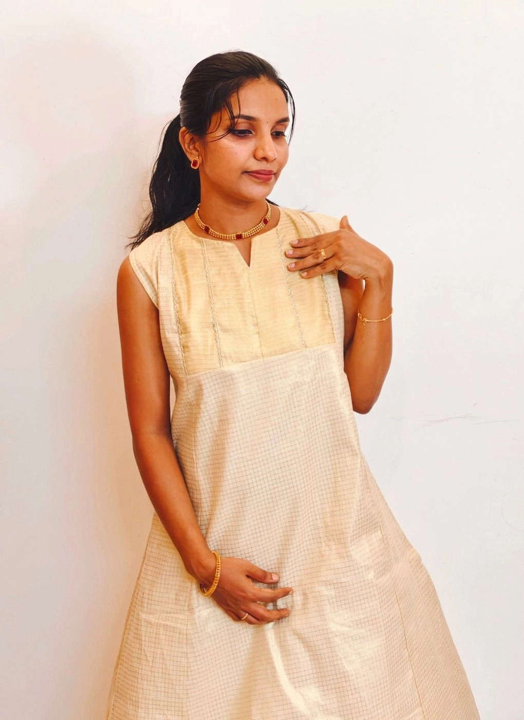 Onam-Blush: Tissue check Aline dress (DT063) 4