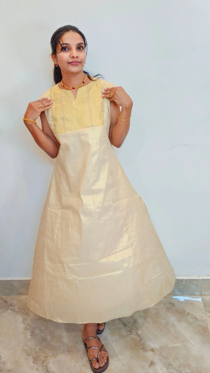 Onam-Blush: Tissue check Aline dress (DT063) 7
