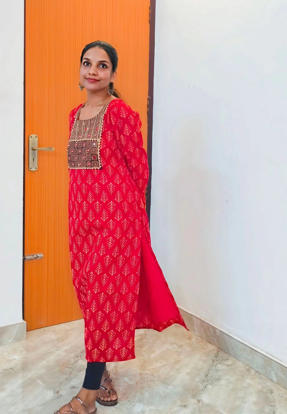 Red-petals🍃: Pure Cotton Ajrakh Slitted Kurti with hand works (DT066) 3