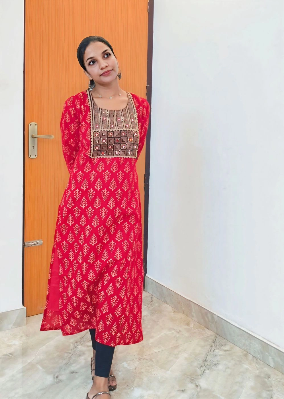 Red-petals🍃: Pure Cotton Ajrakh Slitted Kurti with hand works (DT066)