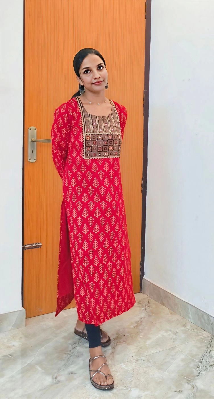 Red-petals🍃: Pure Cotton Ajrakh Slitted Kurti with hand works (DT066) 4
