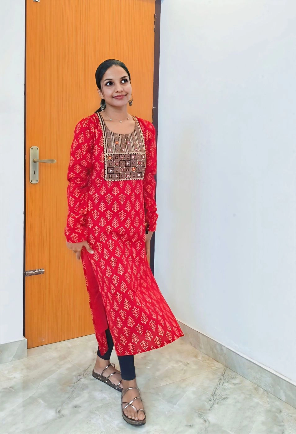 Red-petals🍃: Pure Cotton Ajrakh Slitted Kurti with hand works (DT066)