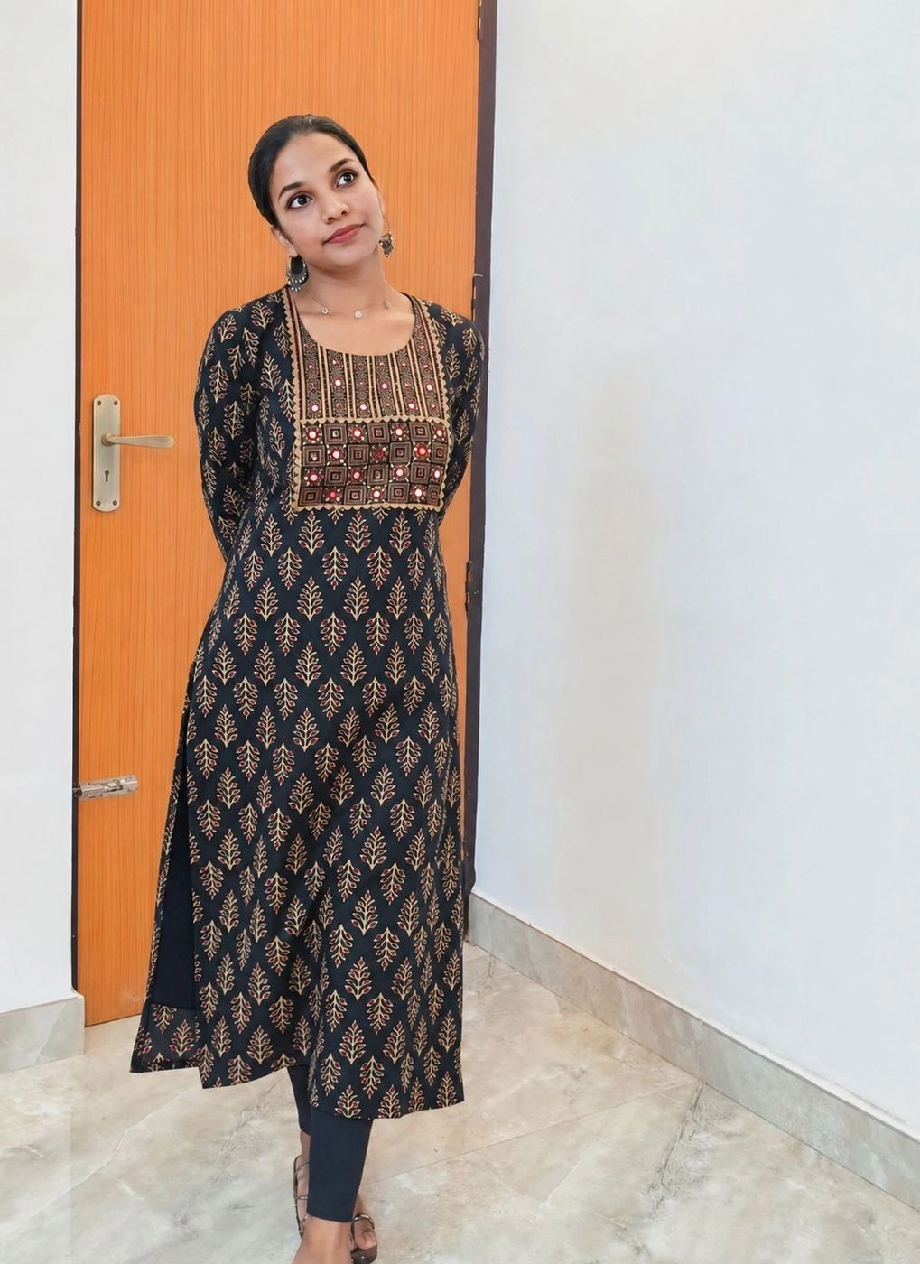 Black-petals🍃: Pure Cotton Ajrakh Slitted kurti with hand works (DT065)