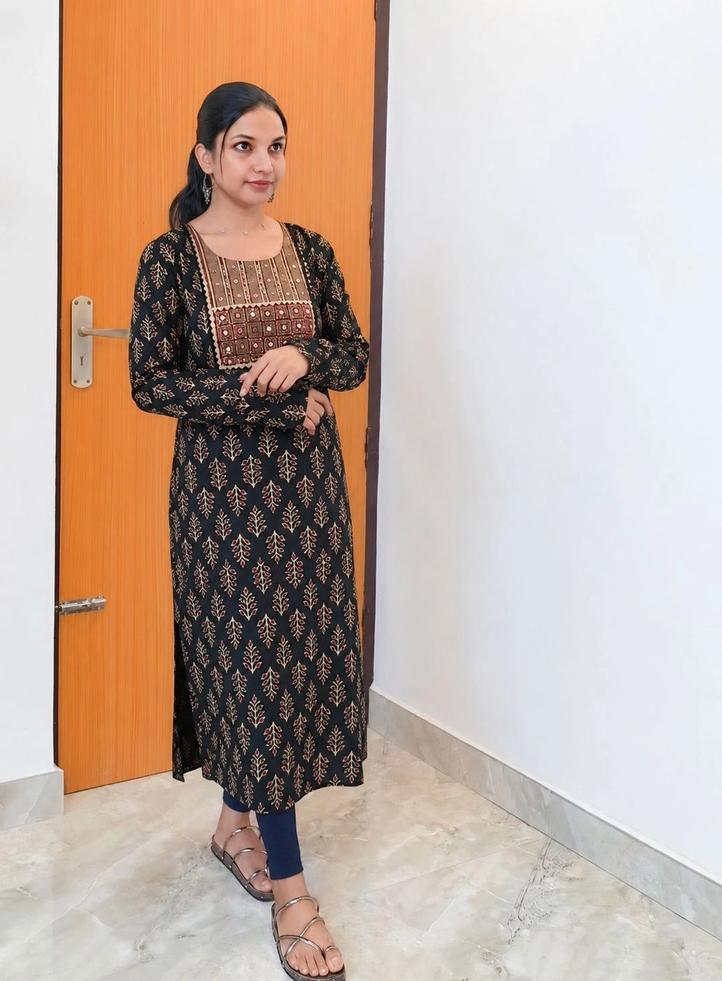 Black-petals🍃: Pure Cotton Ajrakh Slitted kurti with hand works (DT065)