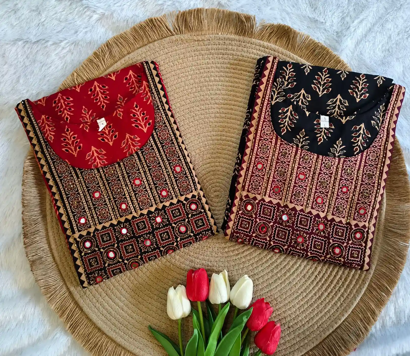 Red-petals🍃: Pure Cotton Ajrakh Slitted Kurti with hand works (DT066) 5