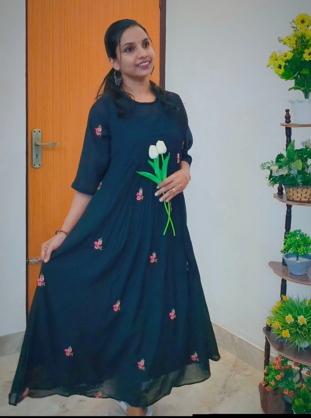 Clara 🌸: Mul-chiffon pleated kurti with floral motifs(DT075) 2