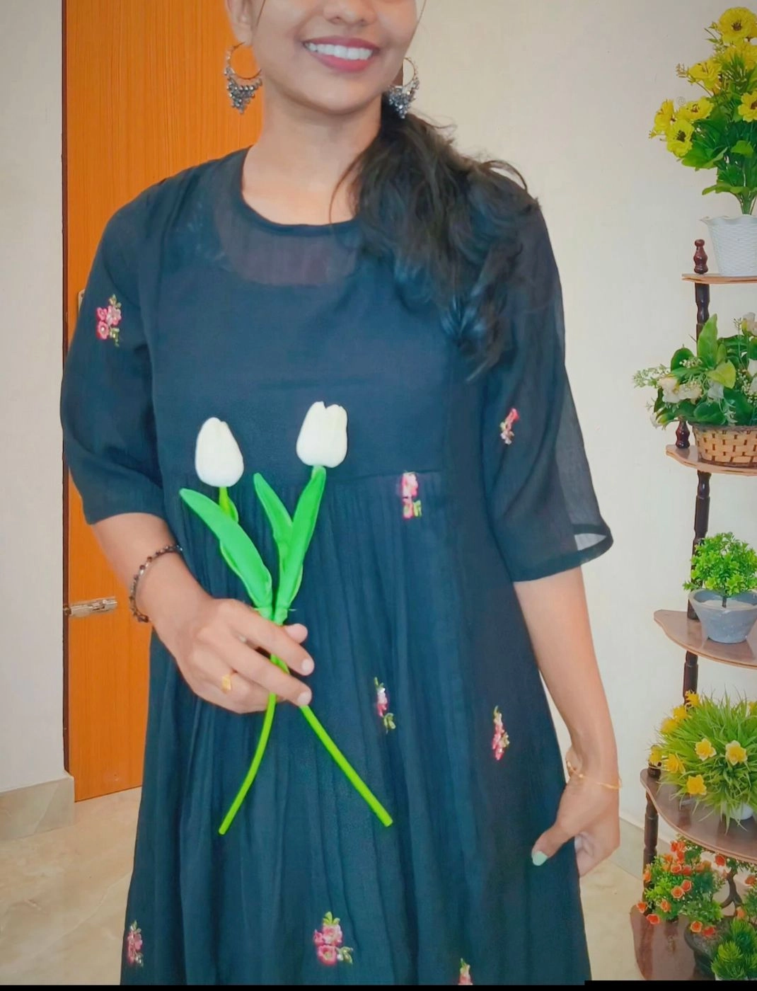 Clara 🌸: Mul-chiffon pleated kurti with floral motifs(DT075) 3