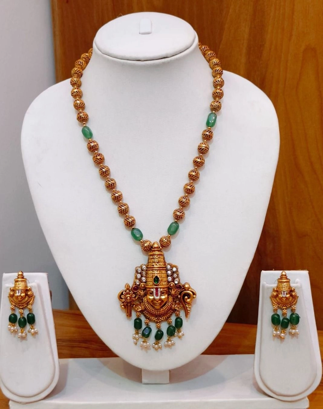 Premium Tirupati Green Beads Pendant Necklace Set