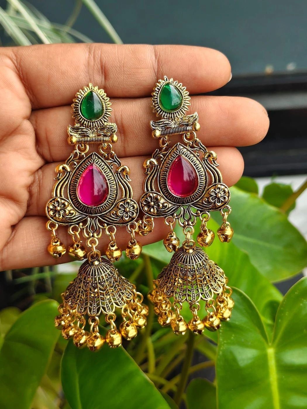 Kashmiri Statement Jhumka Earrings – Green & Ruby