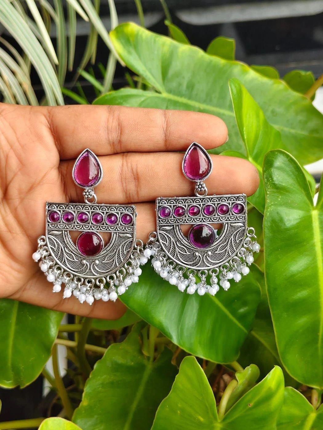 Oxidised Pearl Fringe Earrings – Ruby Purple