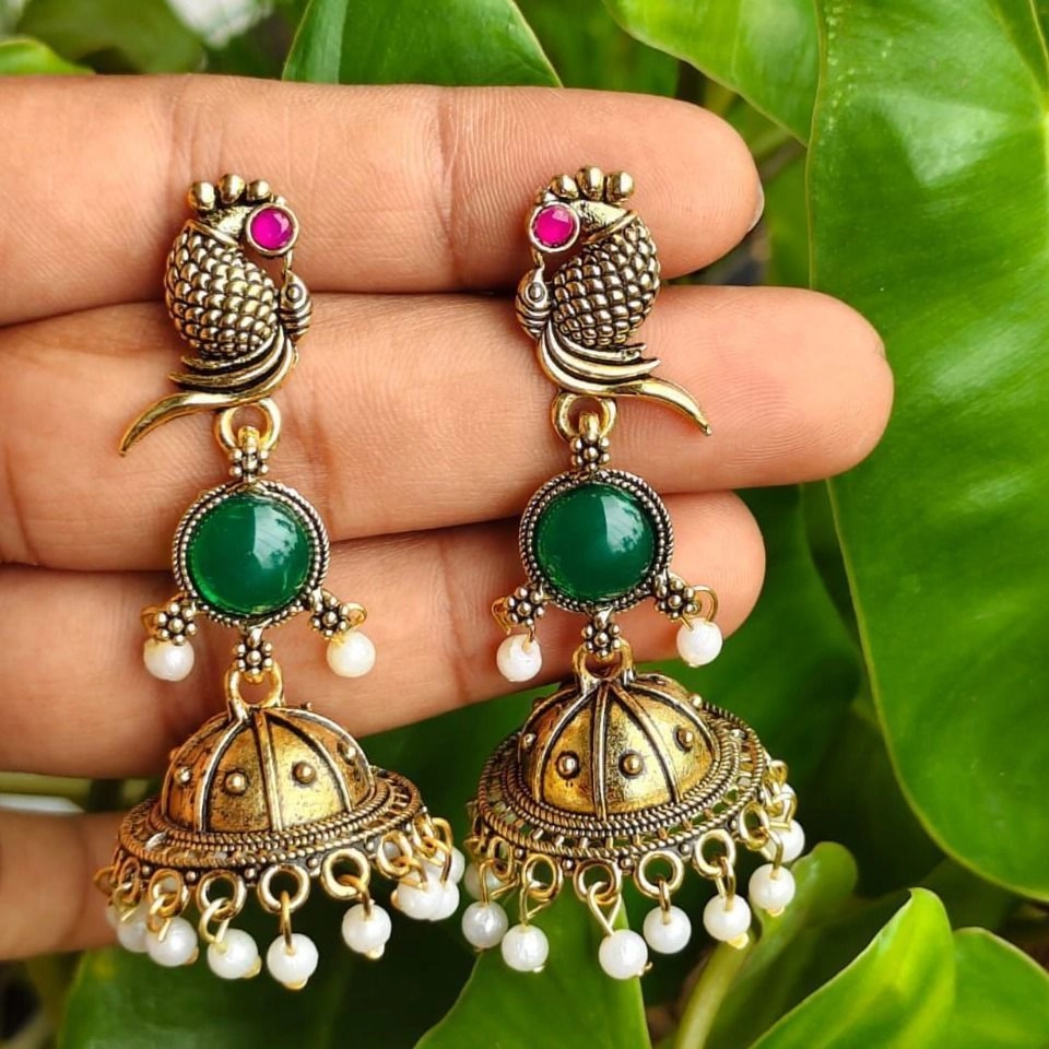 Oxidised Peacock Pearl Jhumka – Emerald Green