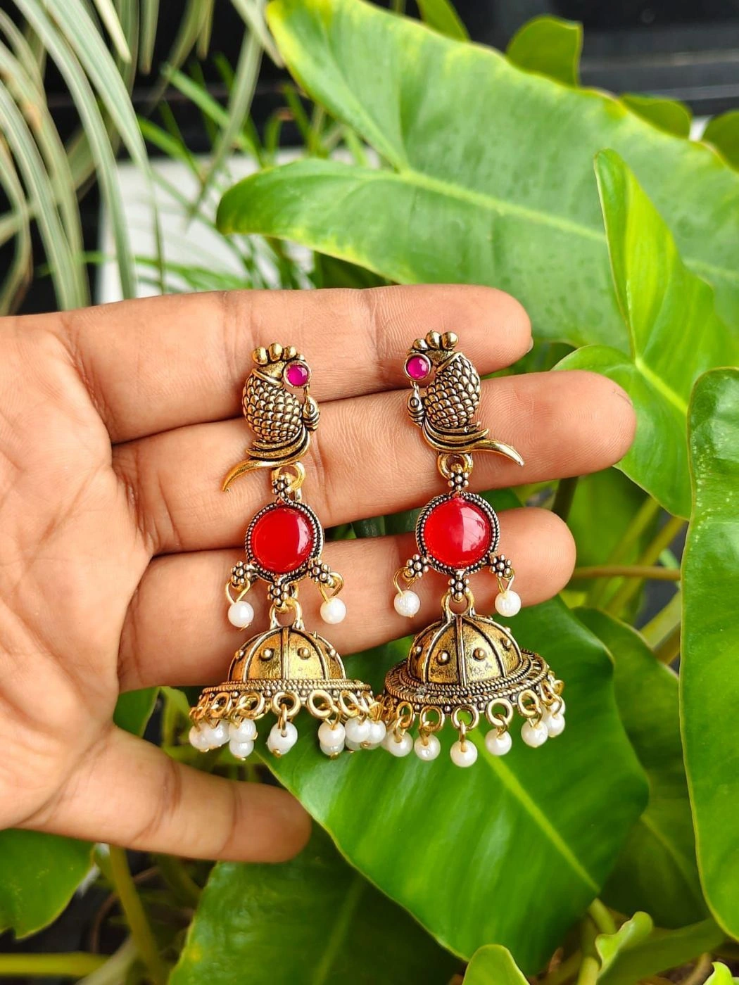 Oxidised Peacock Pearl Jhumka – Ruby Red
