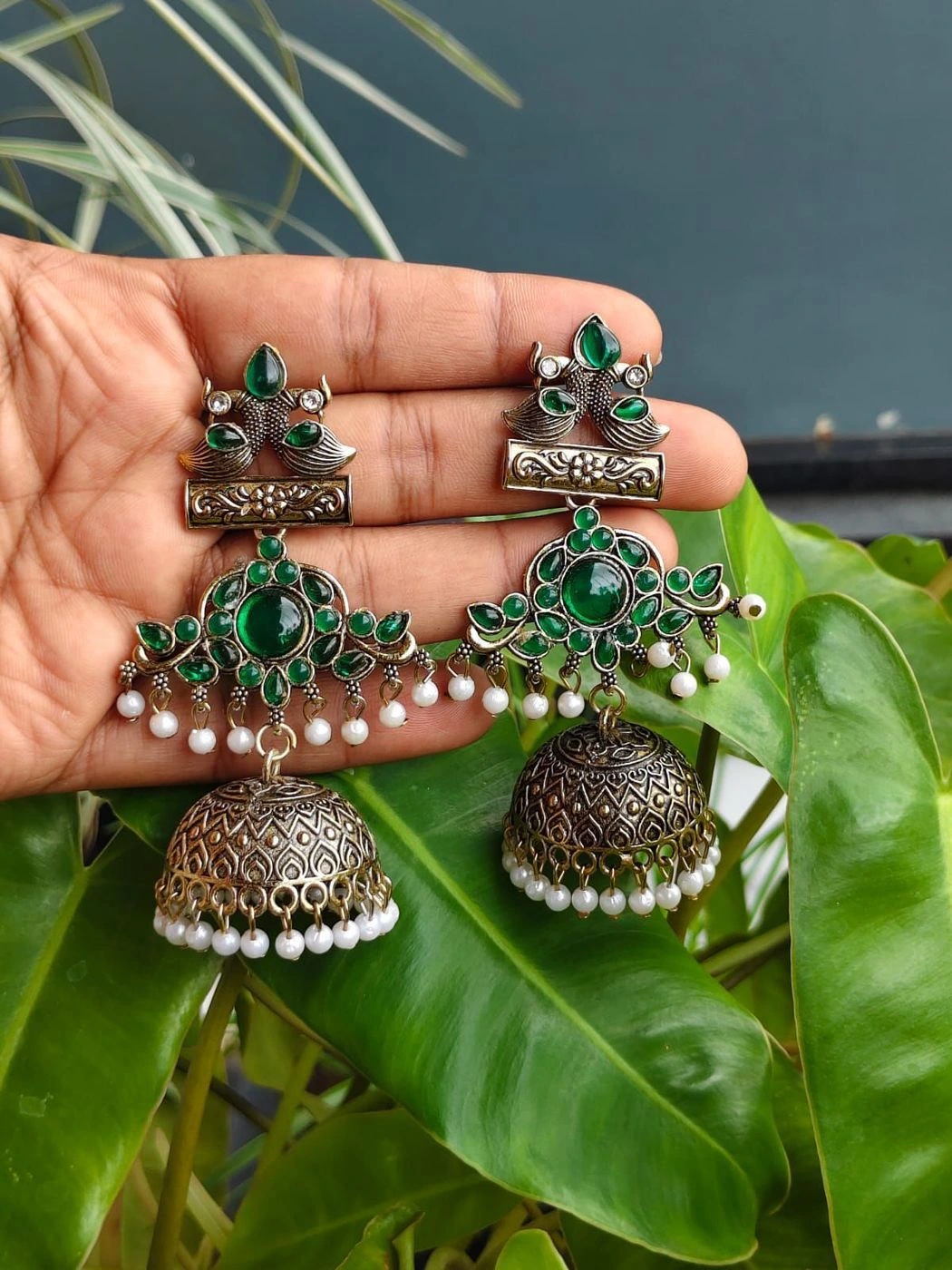 Oxidised Peacock Pearl Jhumka – Emerald Green