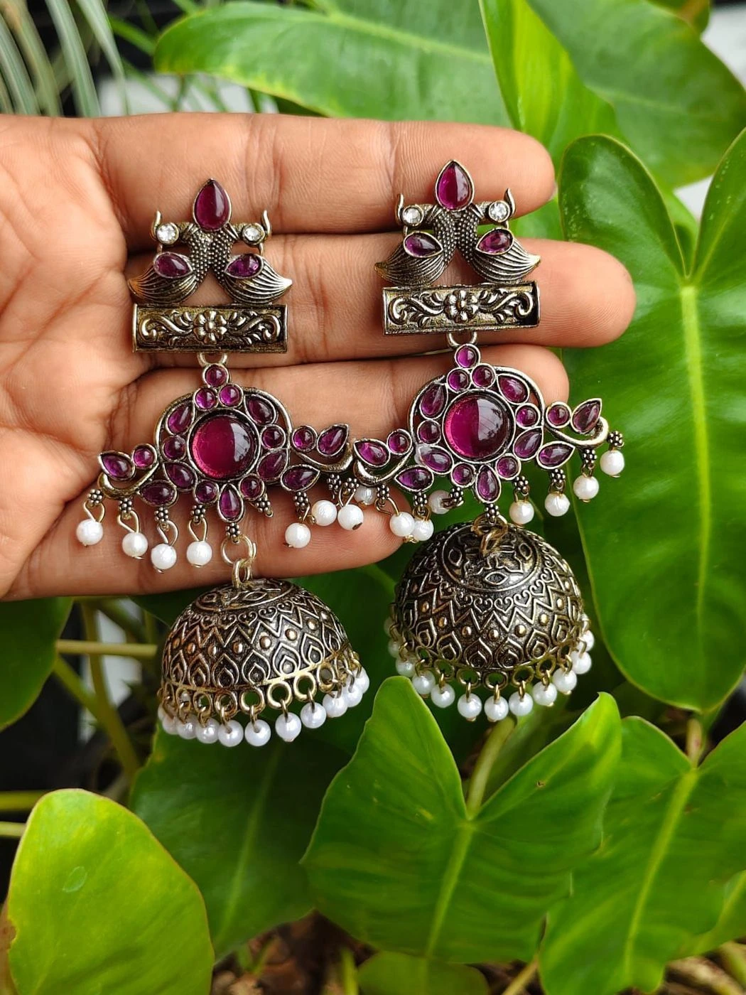 Oxidised Peacock Pearl Jhumka – Ruby