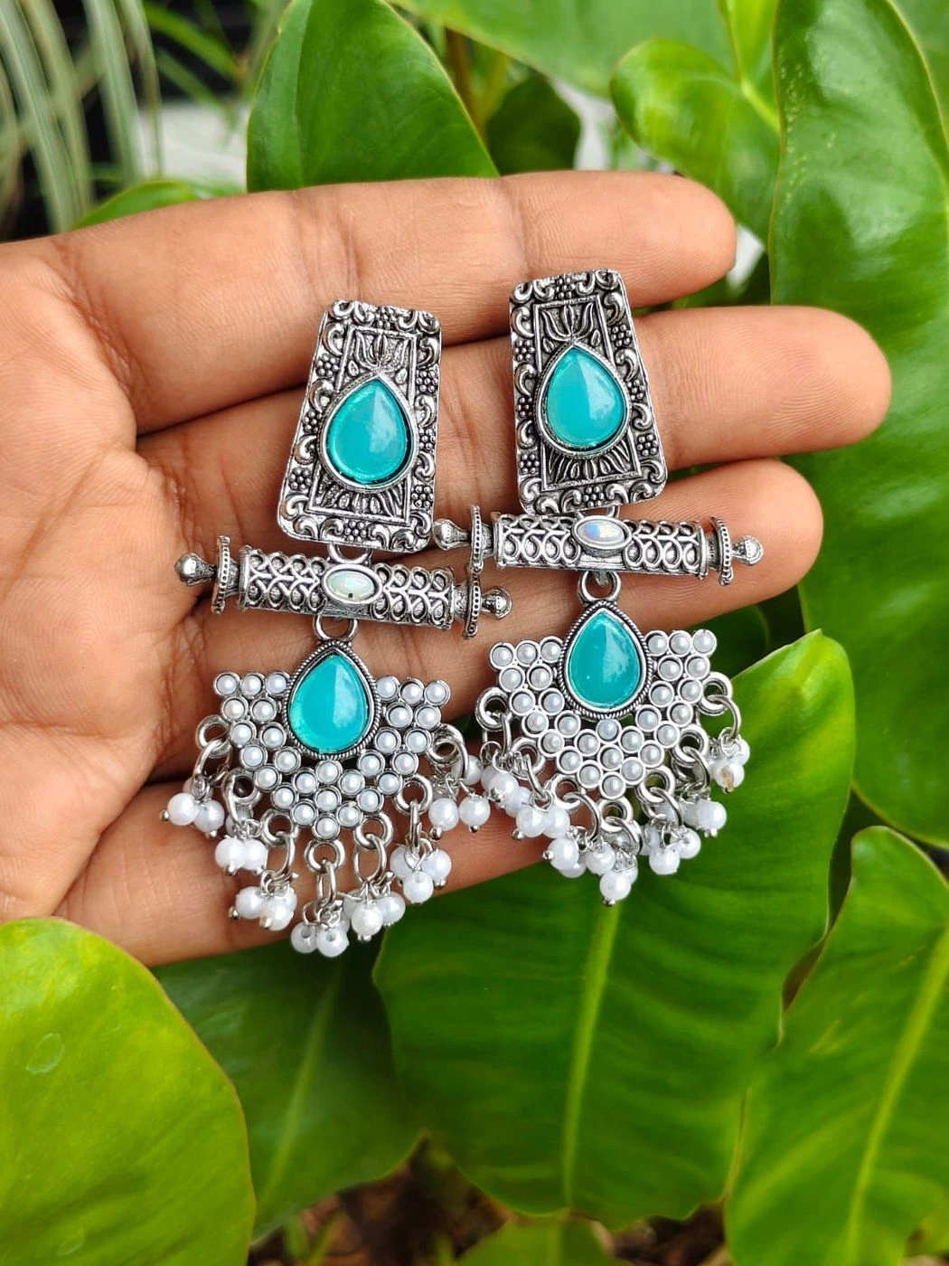 Oxidised Oxi Pearl Earrings – Turquoise Blue