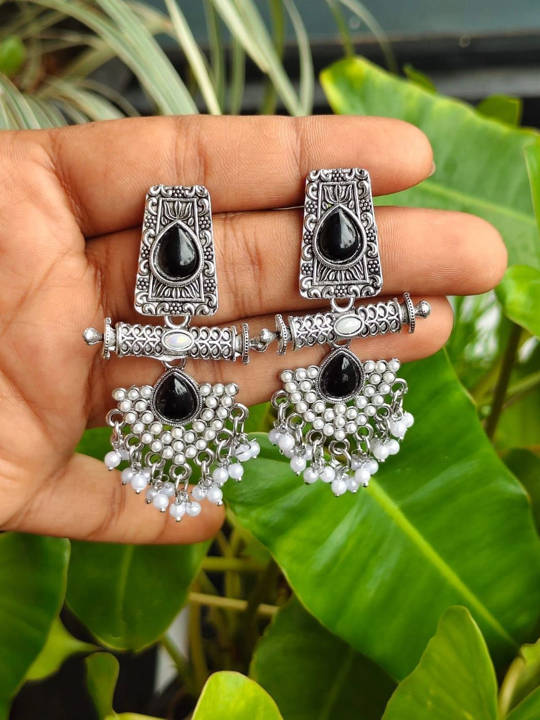 Oxidised Pearl Statement Earrings – Black