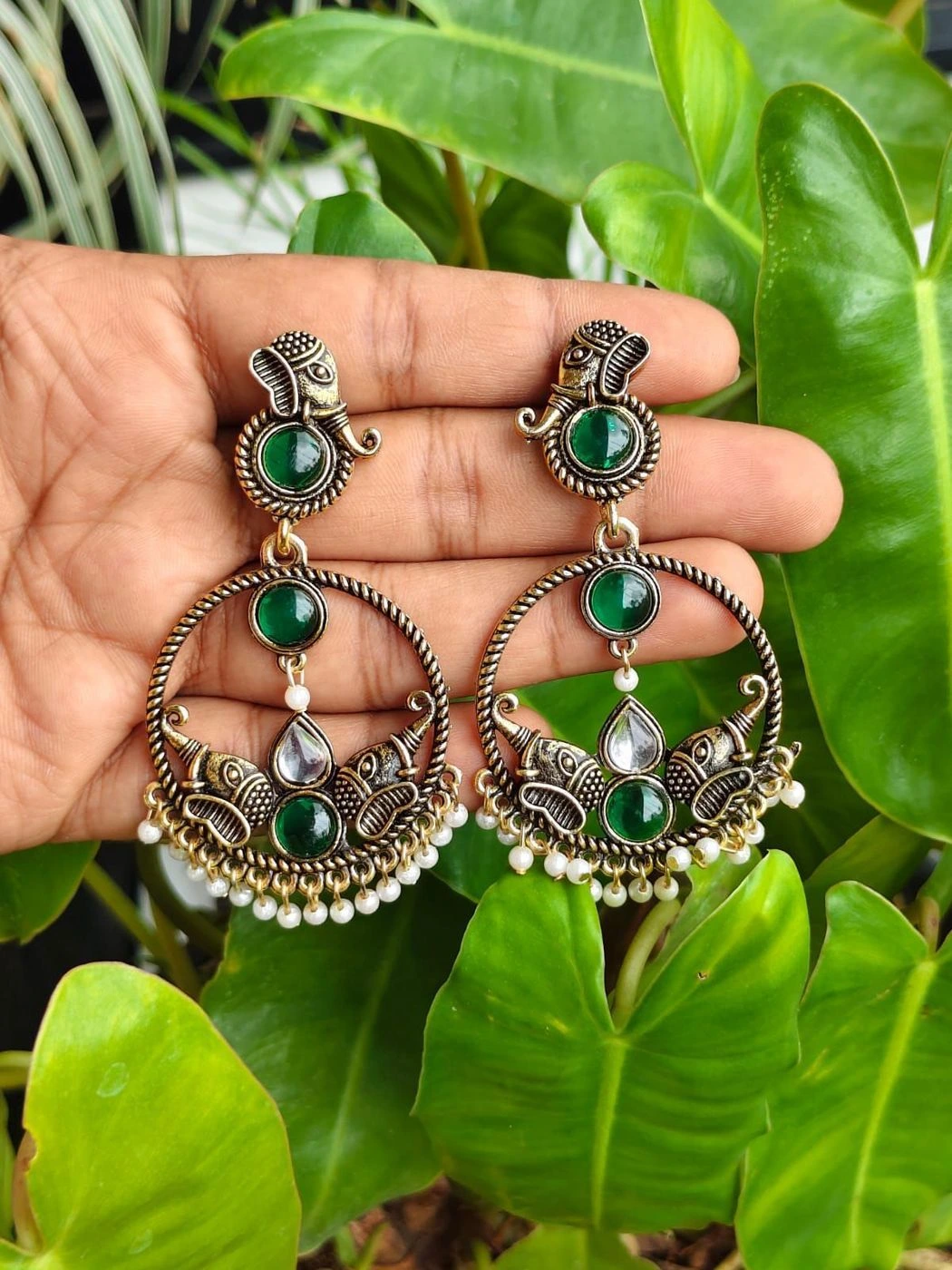 Product Name Oxidised Elephant Hoop Earrings – Emerald Green