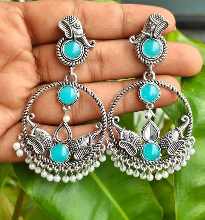 Oxidised Elephant Hoop Earrings – Sky Blue