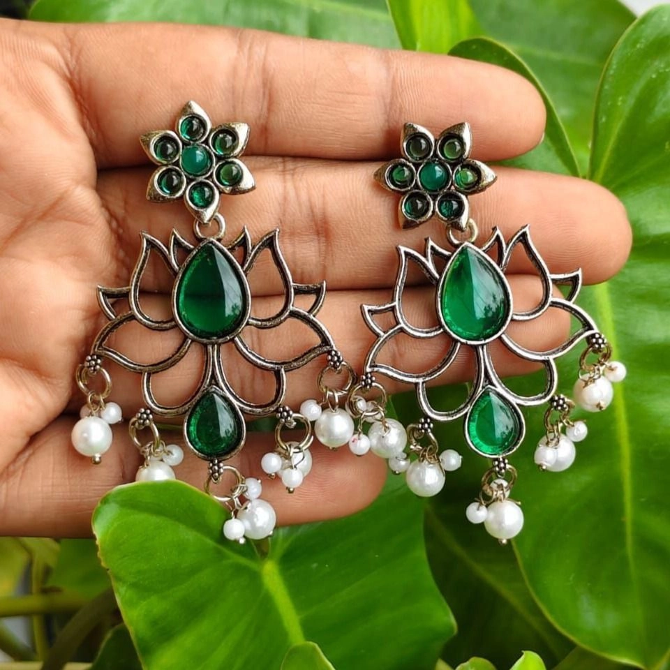 Oxidised Lotus Pearl Earrings – Emerald Green