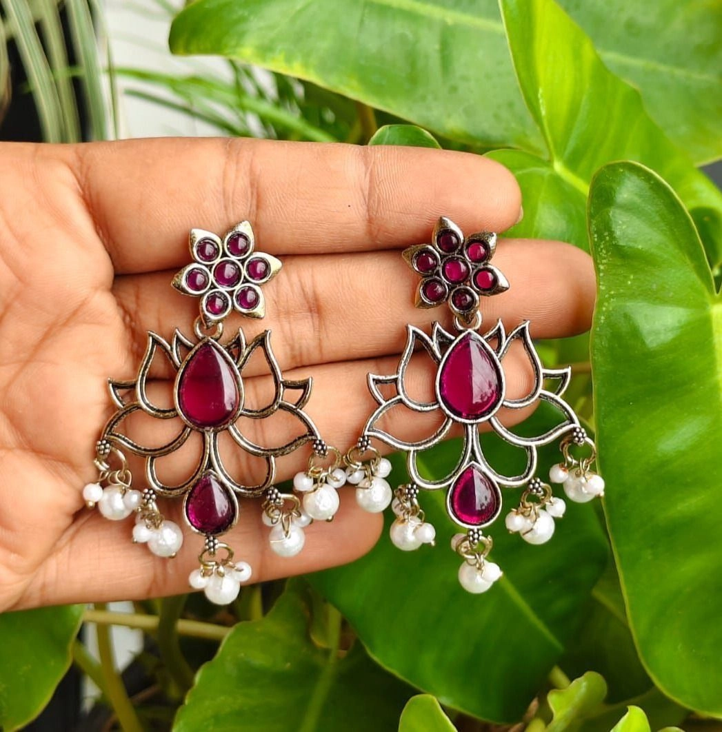 Oxidised Lotus Pearl Earrings – Ruby Red