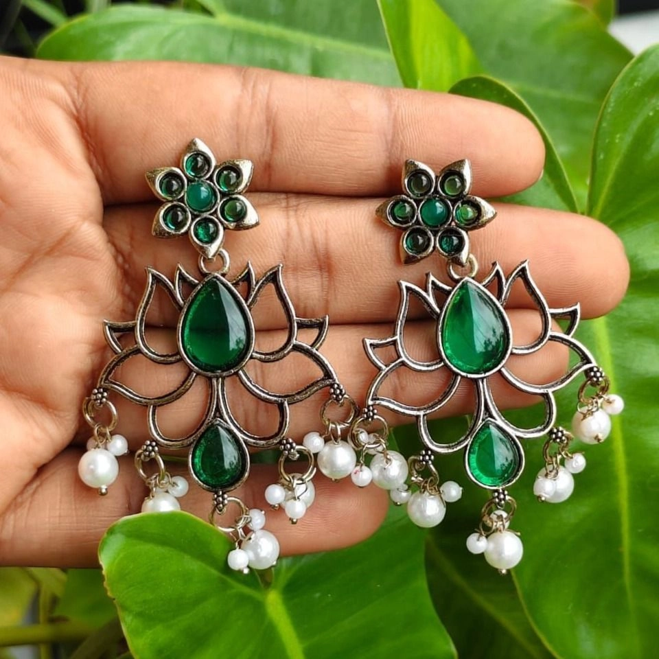 Oxidised Lotus Pearl Earrings – Emerald Green