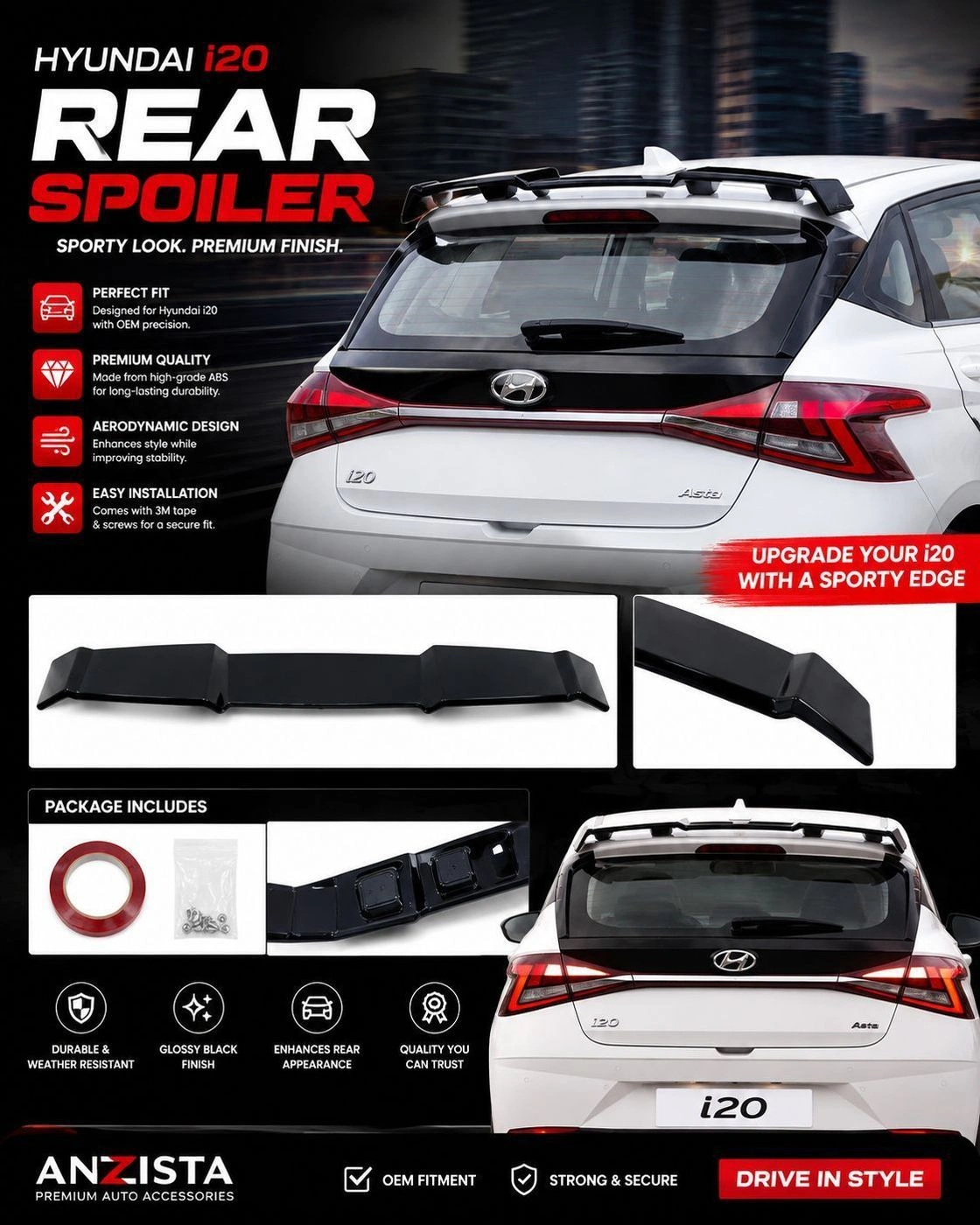 ABS Rear Wing Car Spoilers Rear Wing Roof Trunk Lid Auto Racing Car Spoiler for Areodynamic and Sporty Appearance Lip Protector (Hyundai I20 N-LINE Spoiler.)