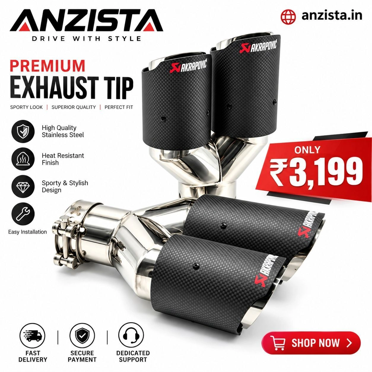 Dual Exhaust Tip Matte Carbon Finish | Universal Fit, 1 Set