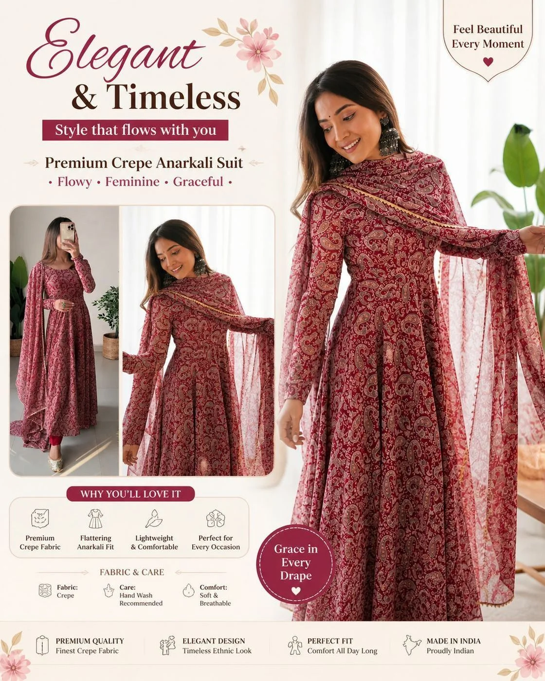 Maroon Digitally Printed Georgette Gown with Dupatta – Elegant Women’s Ethnic Wear