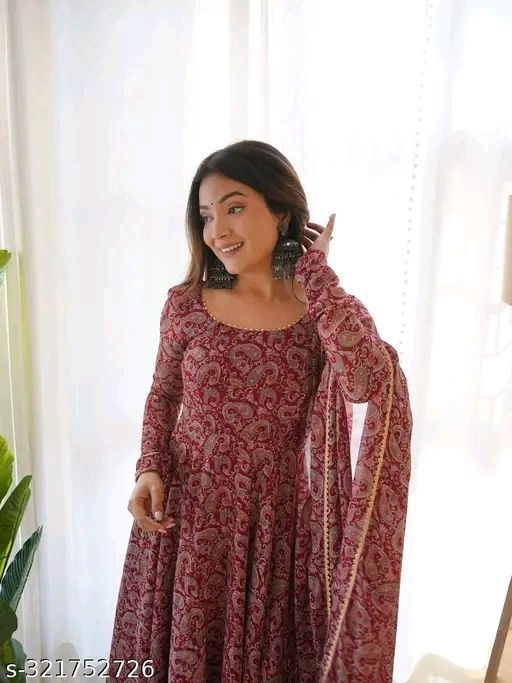 Maroon Digitally Printed Georgette Gown with Dupatta – Elegant Women’s Ethnic Wear 2